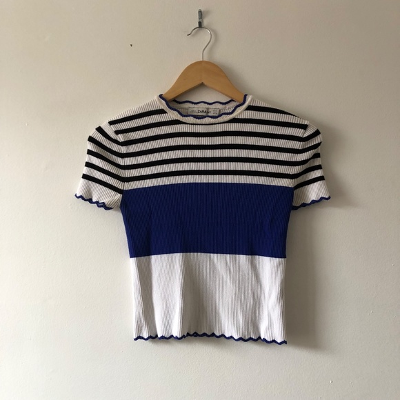Zara Sweaters - Zara Blue and White Ribbed Short Sleeve Sweater